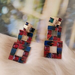 Geometric Red and Blue Earrings